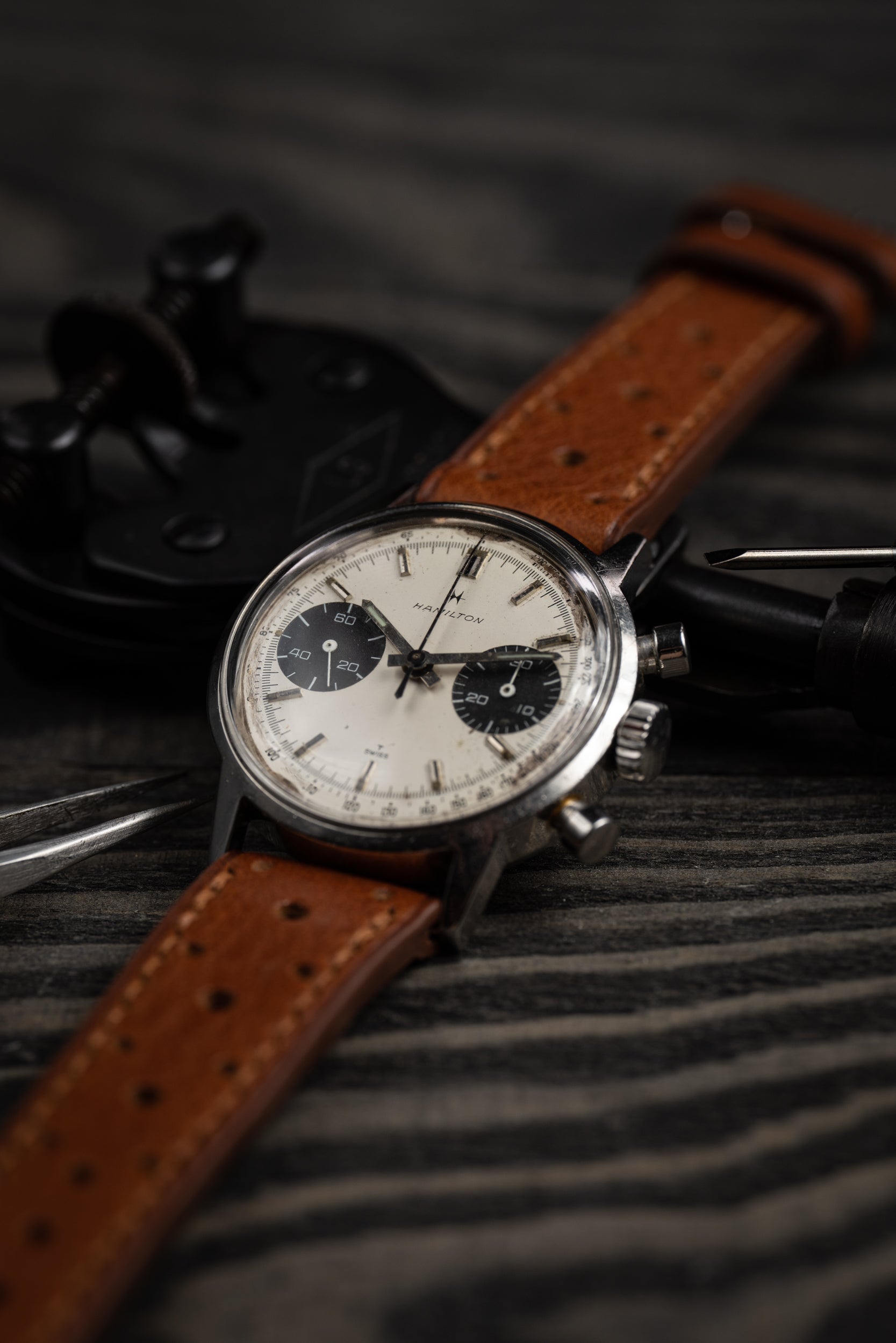 1960 s Hamilton Panda Dial Chronograph Vintage Watch with Racing Strap